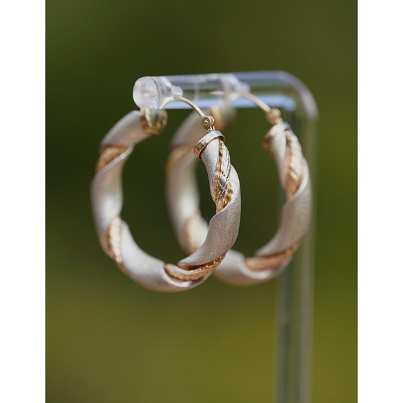 Vintage 14k Solid Yellow Gold Sterling Silver Hoop Earrings - Wire Braid Twist